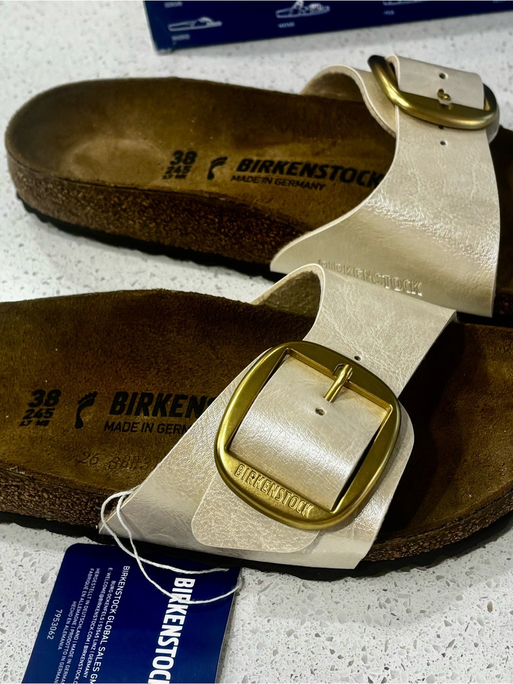 Birkenstock Metallic Cream Single Strap Sandal with Gold Buckle